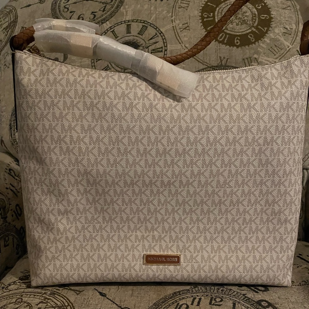 Brand New, Michael Kors, coated canvas shoulder bag with soft, braided leather.”